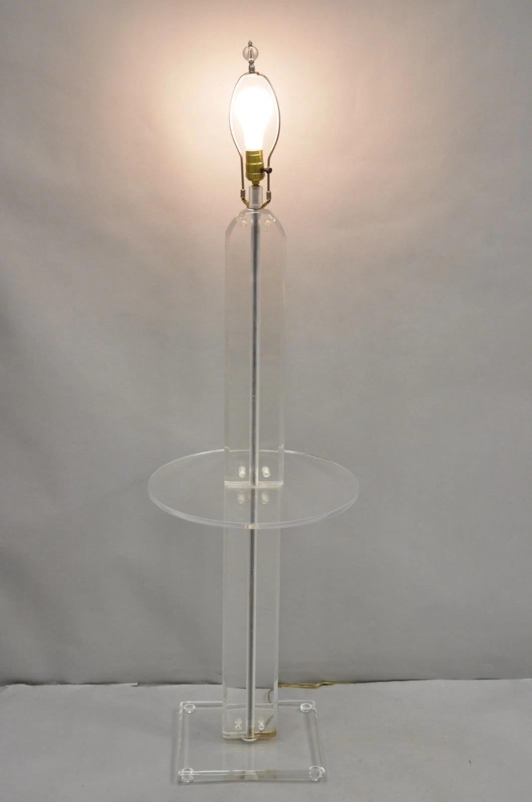 Vintage Mid Century Modern Lucite Acrylic Skyscraper Side Table Floor Lamp with Round Acrylic Table Top. Circa Late 20th Century. Measurements: 56