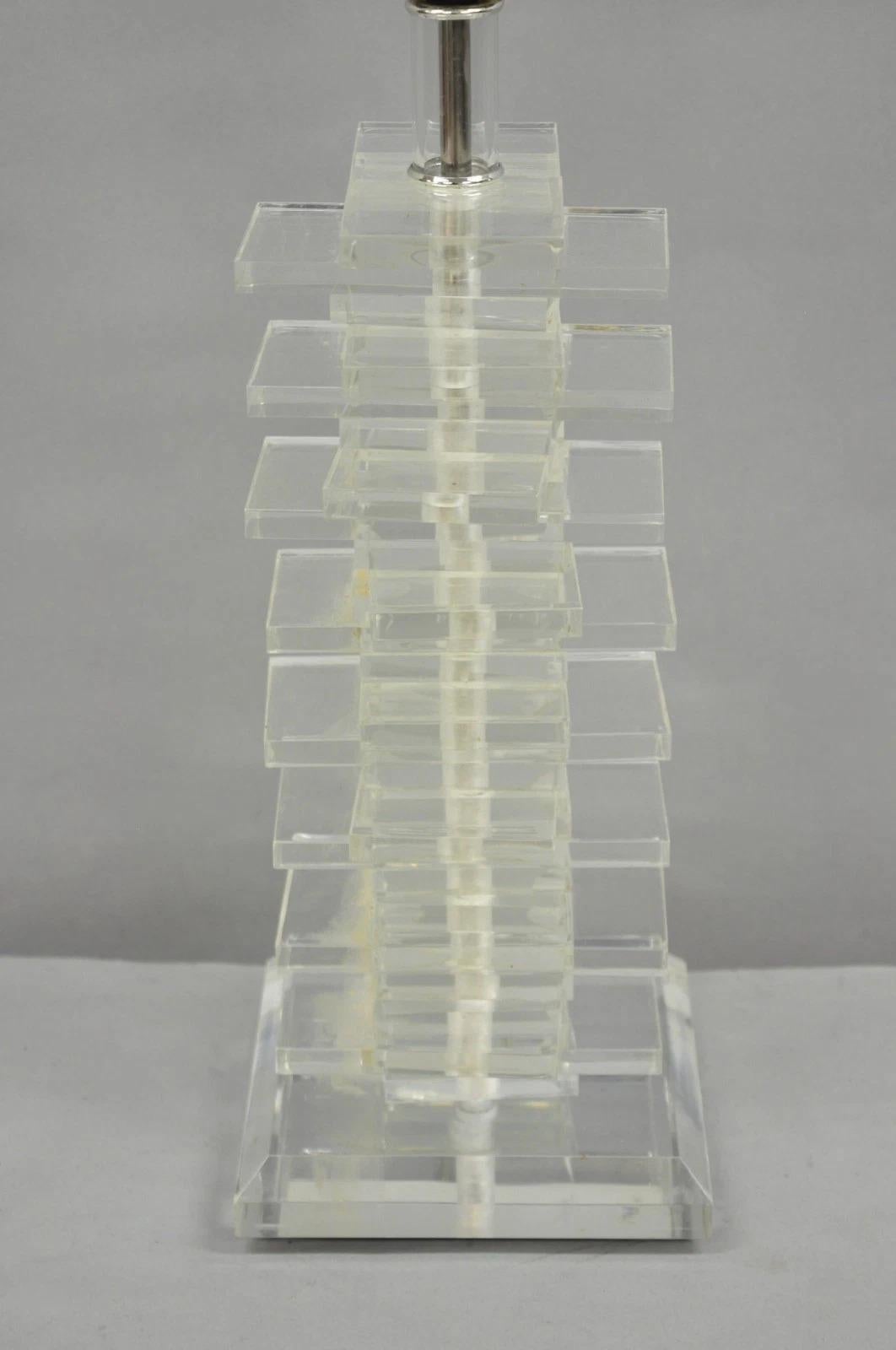 Vintage Mid Century Modern Lucite Acrylic Stacked Skyscraper Table Lamp For Sale 2
