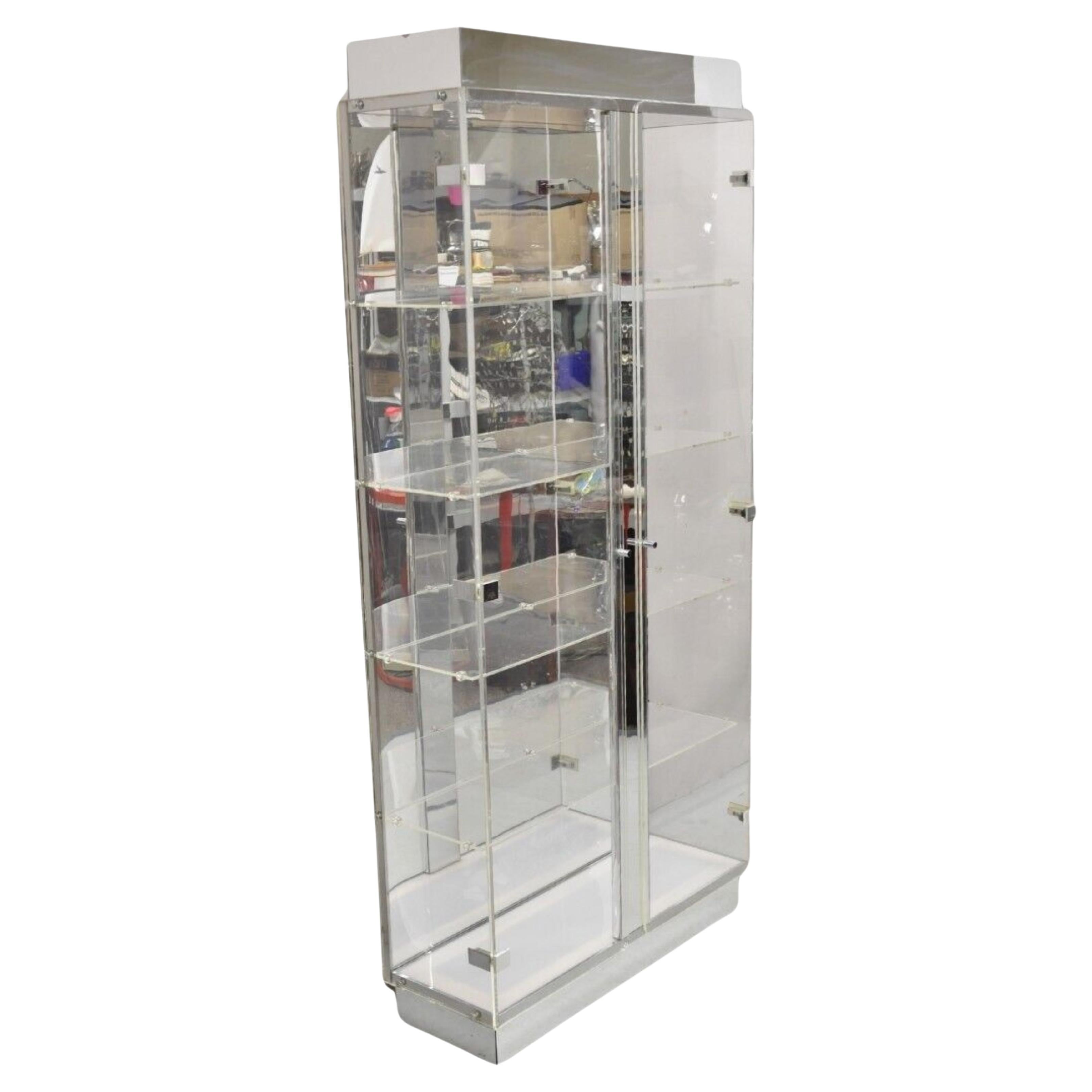 Vintage Mid Century Modern Lucite Acrylic Tall Lighted Display Cabinet Vitrine For Sale