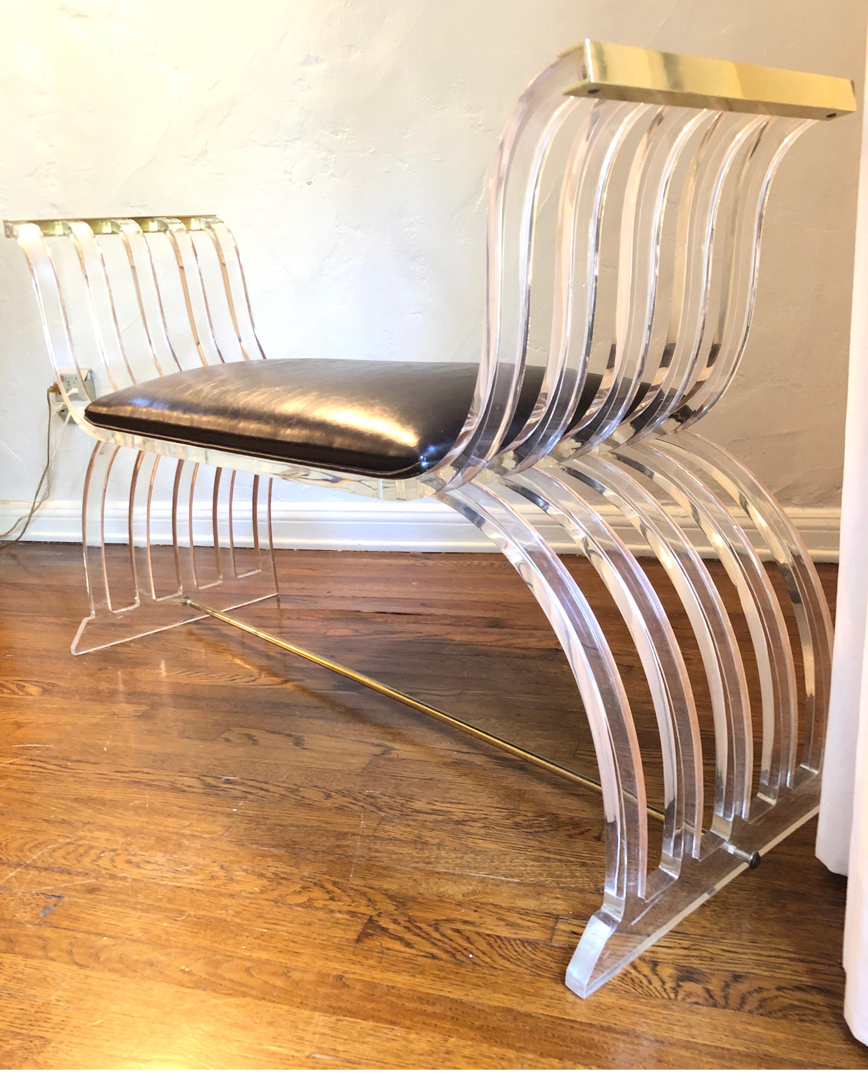 Hollywood Regency Vintage Mid-Century Modern Lucite and Leather Bench 