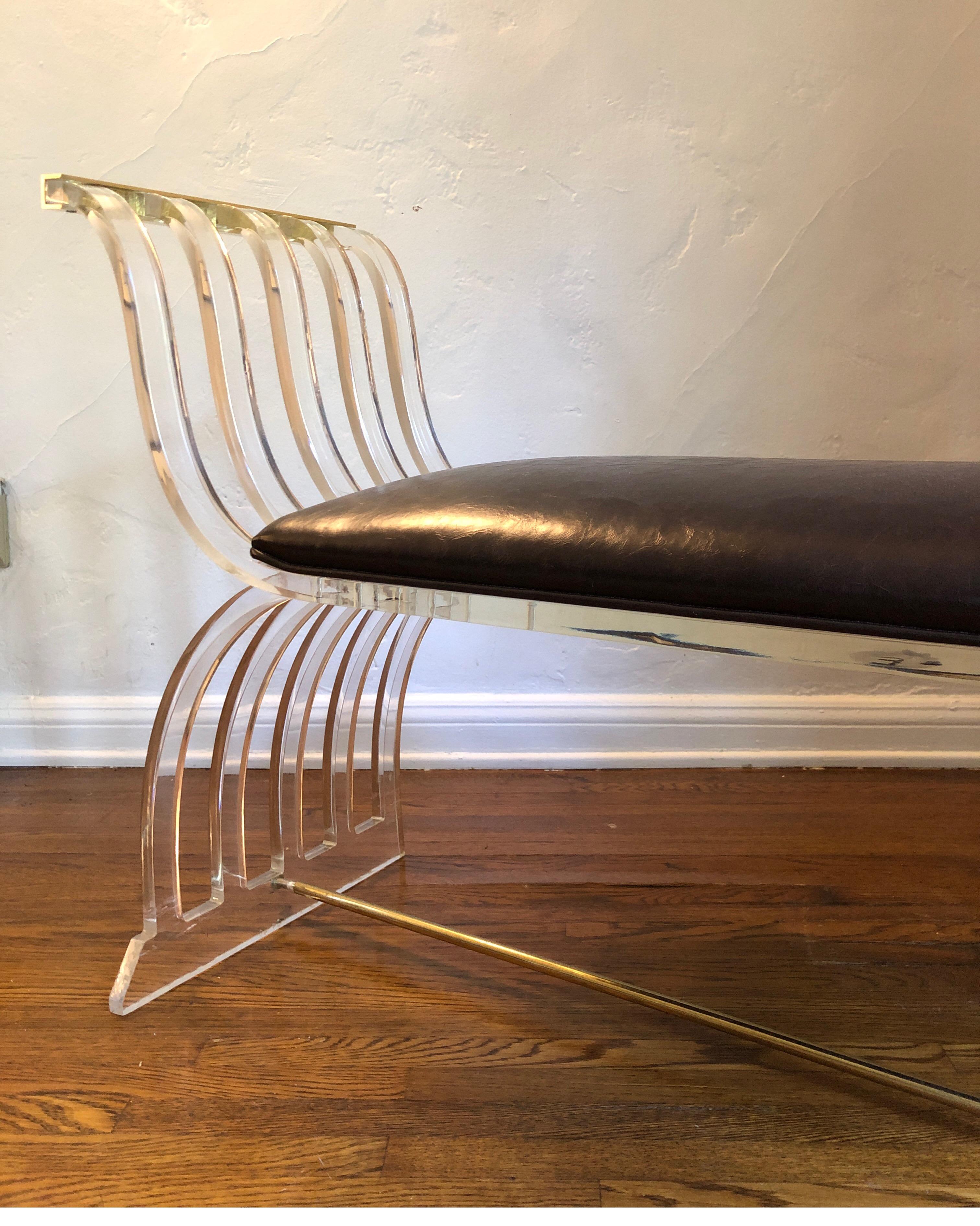 Vintage Mid-Century Modern Lucite and Leather Bench  1