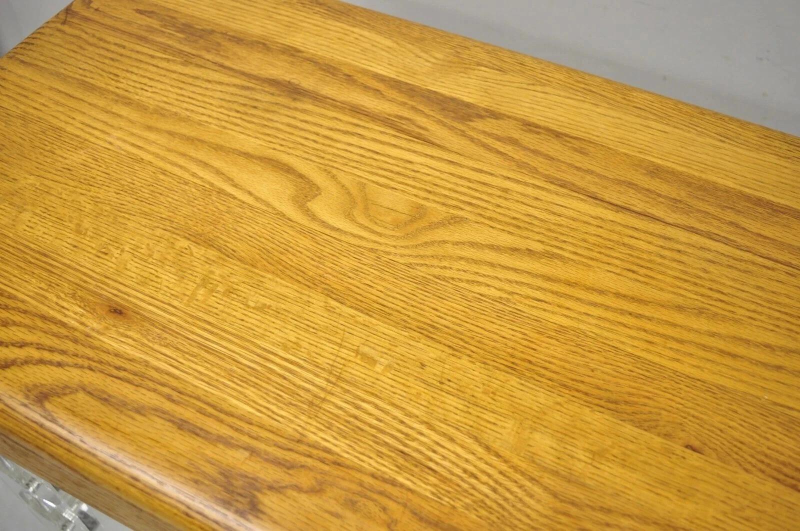 Please message us with your zip code to request a more reasonable domestic U.S. shipping quote.

Mid Century Modern Lucite and Oak Wood Butcher Block Top Wine Bar Table. Item features a thick butcher block wooden top, lucite base, wine bottle