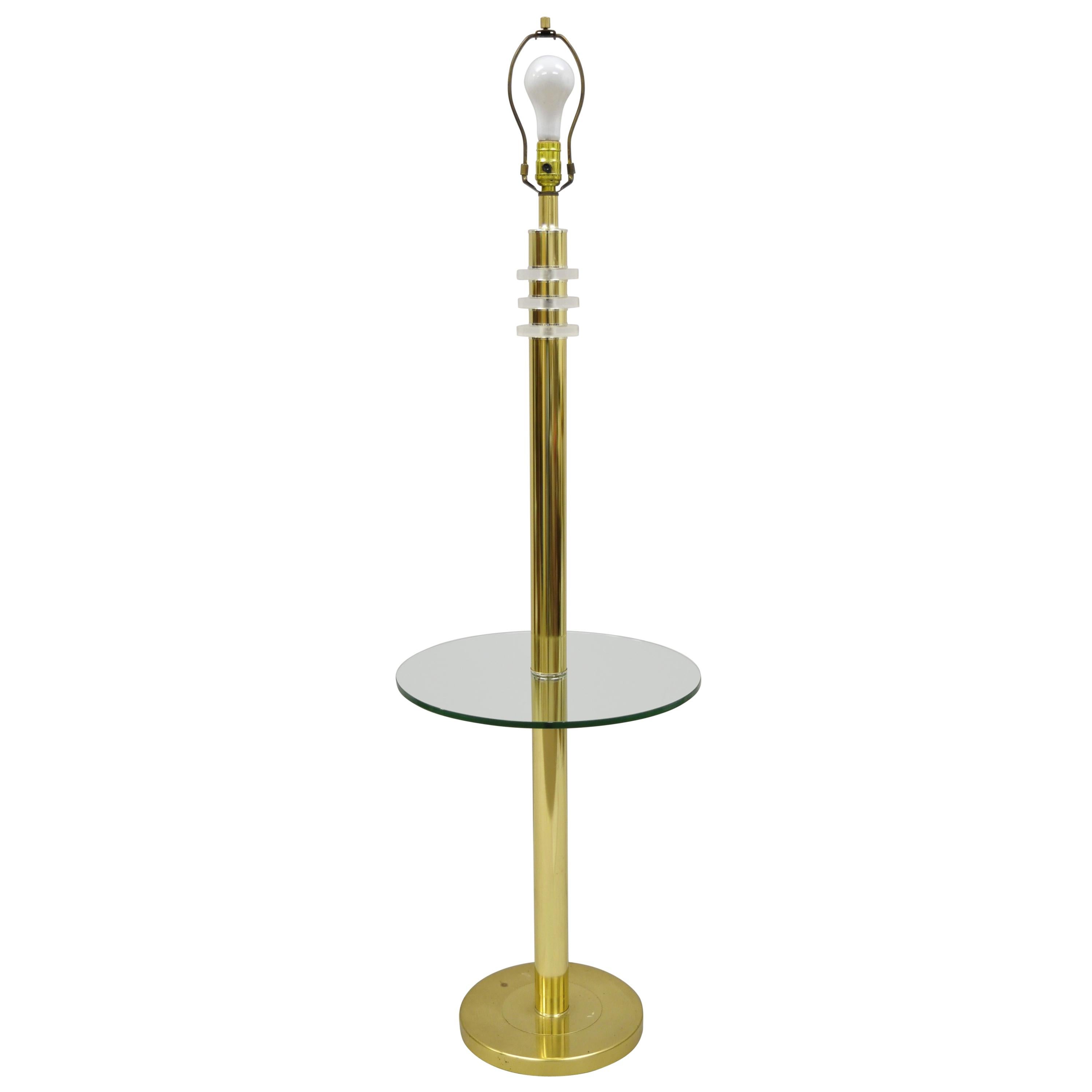 Vintage Mid-Century Modern Lucite Brass Pole Glass Floor Lamp Side Table 'A' en vente
