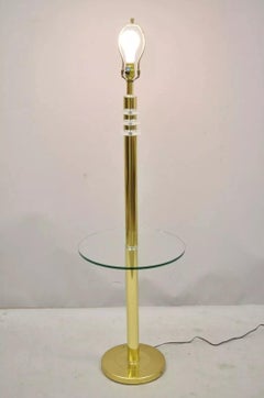 Vintage Mid Century Modern Lucite Brass Glass Pole Floor Lamp Side Table (B)