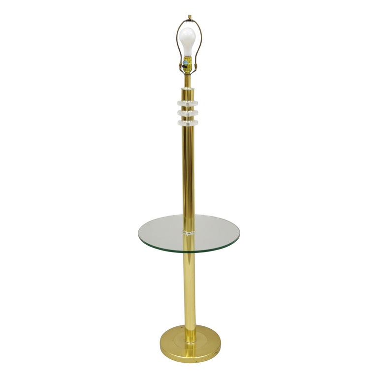 Vintage Mid-Century Modern Lucite Brass Glass Pole Floor Lamp Side Table  'A' For Sale at 1stDibs