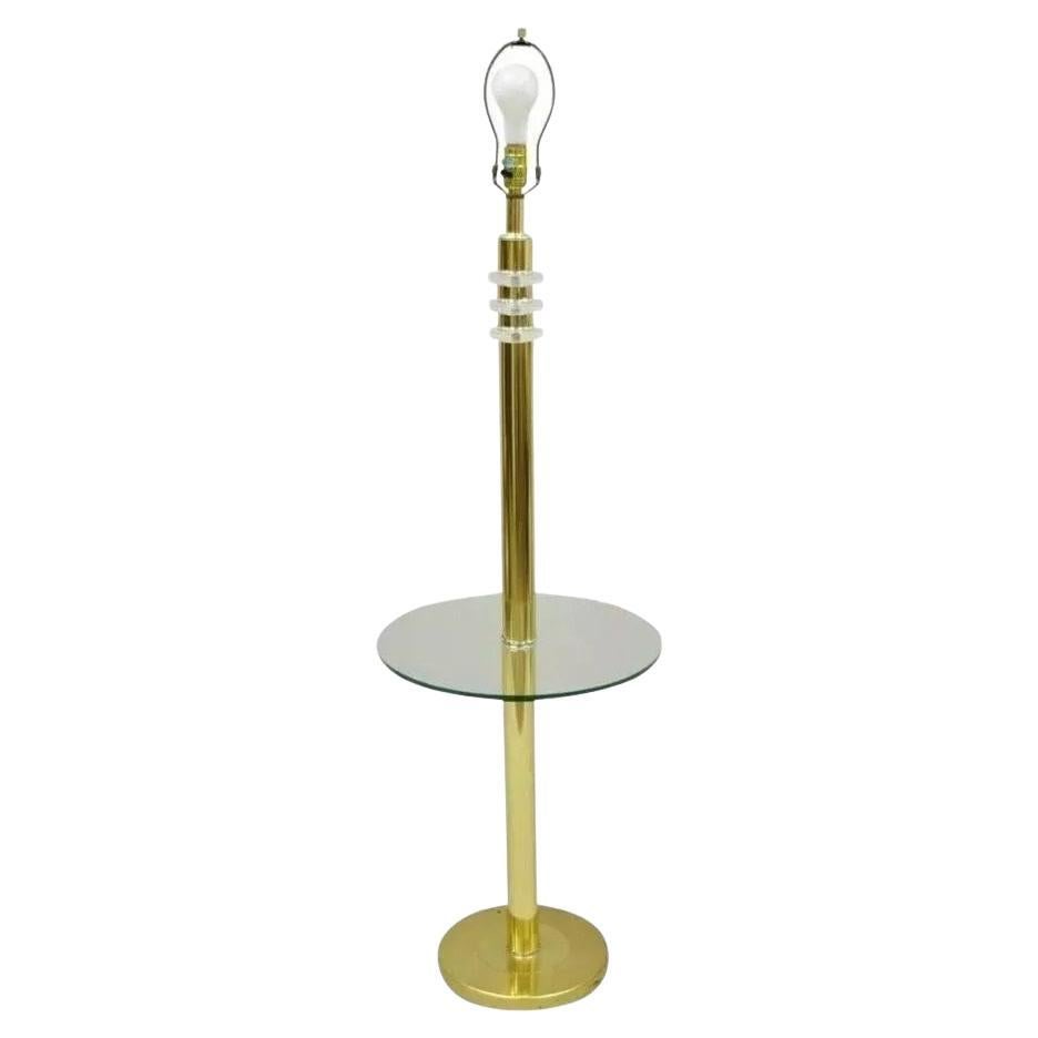 Vintage Mid Century Modern Lucite Brass Glass Pole Floor Lamp Side Table (B)