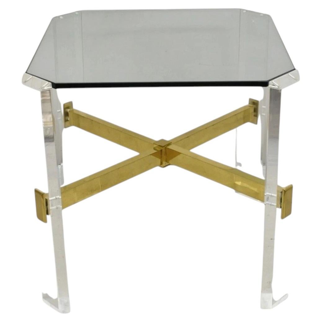 Vintage Mid Century Modern Lucite & Glass Brass Stretcher Occasional Side Table For Sale