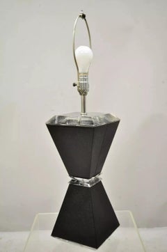 Vintage Mid Century Modern Lucite Hourglass Black Faux Sharkskin Table Lamp