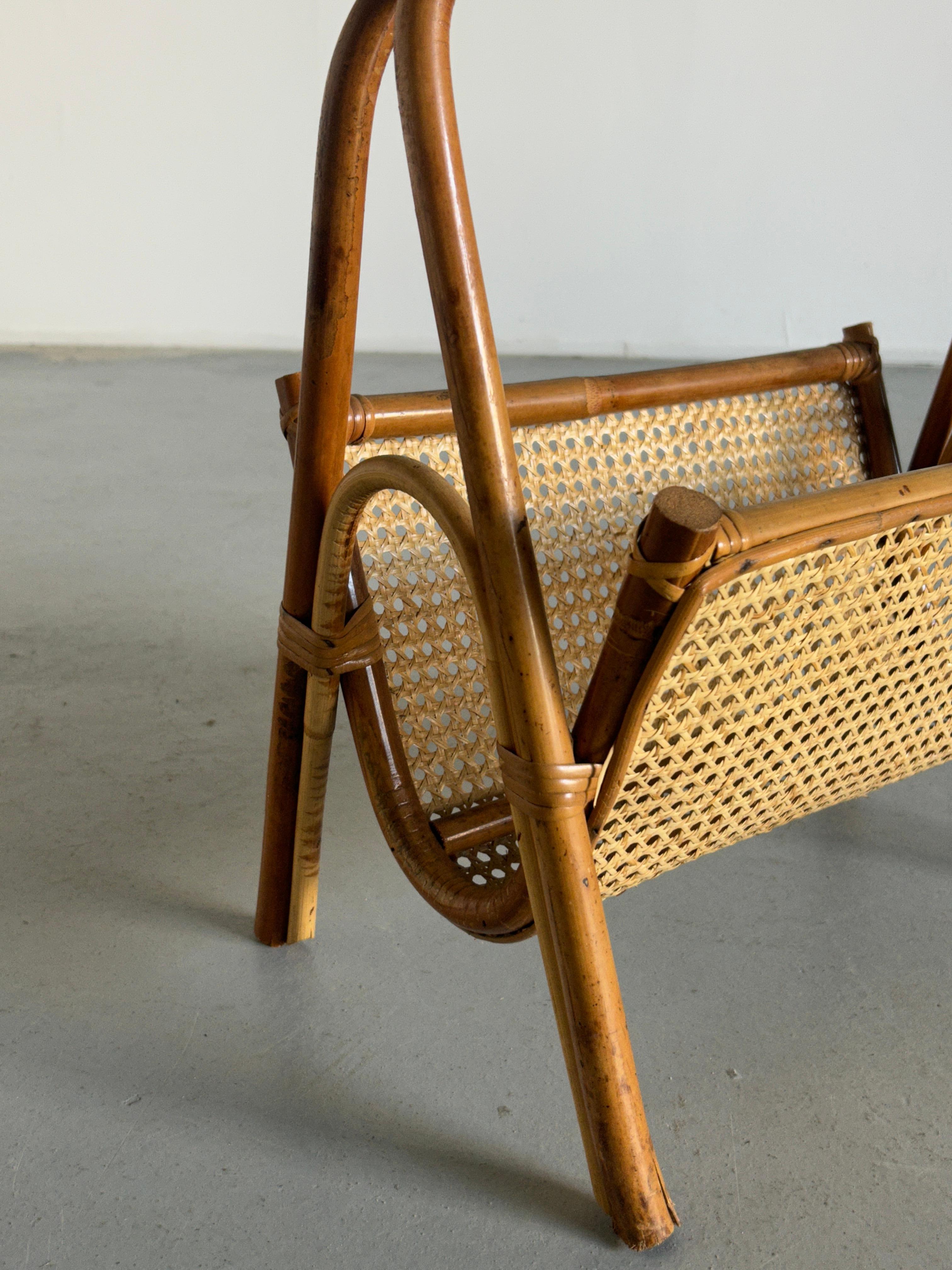 Vintage Mid-Century Modern Magazine Rack in Bamboo and Cane, 1960s Italy 3