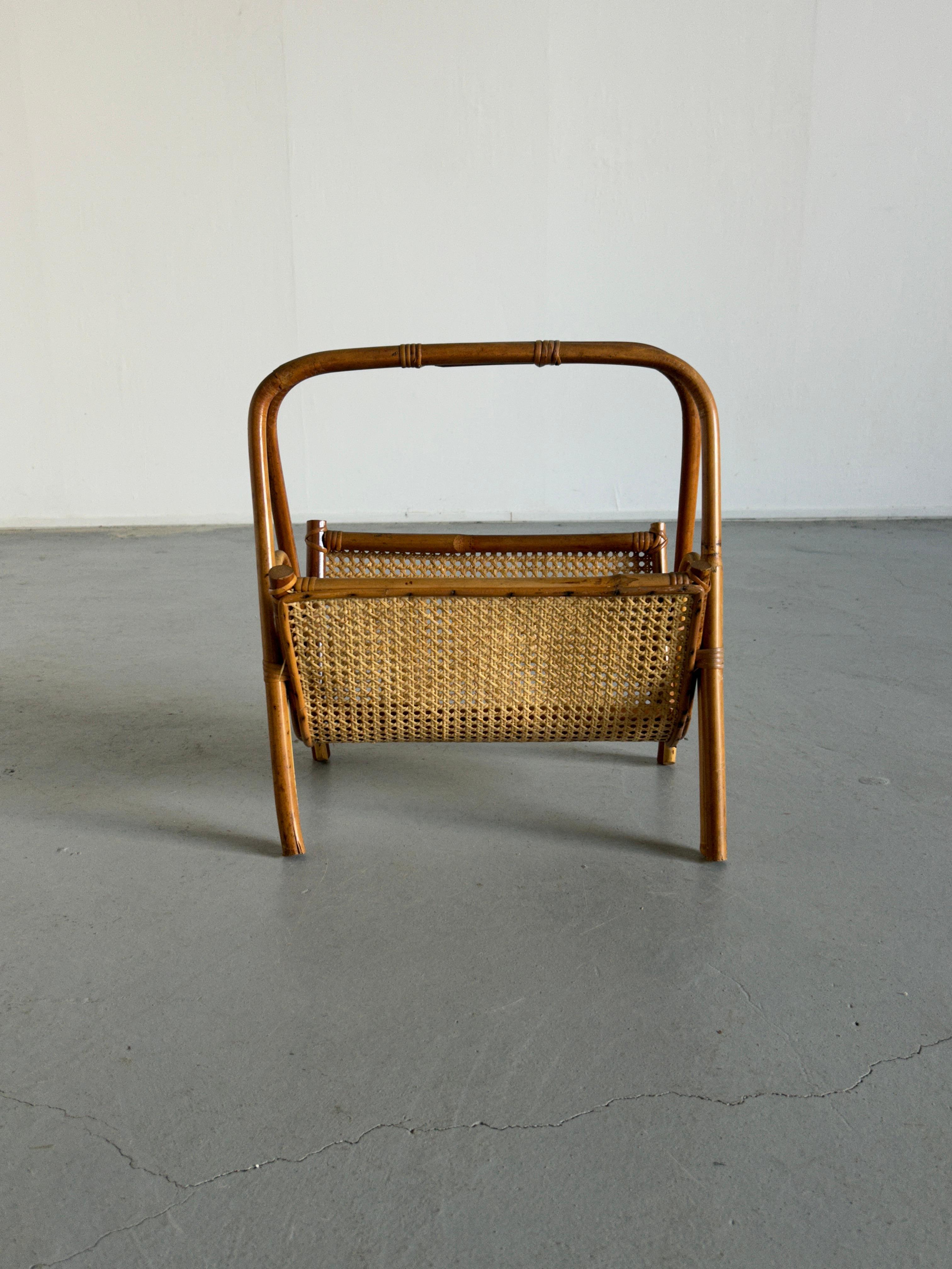 Italian Vintage Mid-Century Modern Magazine Rack in Bamboo and Cane, 1960s Italy