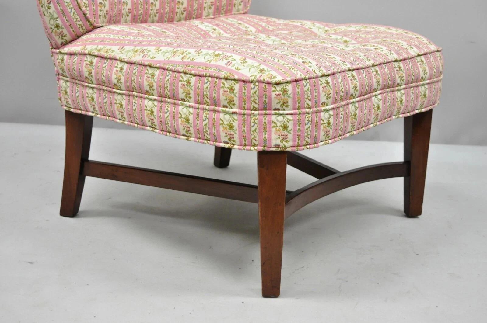 Fabric Vintage Mid Century Modern Mahogany Frame Low Slipper Lounge Chair w/ Stretcher For Sale