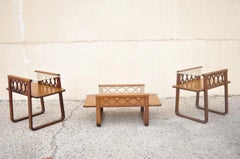 Vintage Mid Century Modern Mahogany & Glass Coffee Table & Pair End Table Set