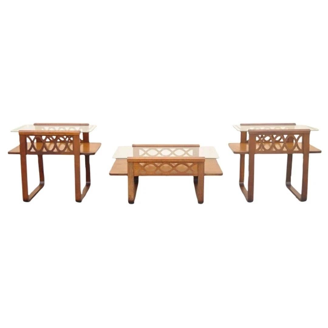 Vintage Mid Century Modern Mahogany 
Glass Coffee Table 
Pair End Table Set For Sale
