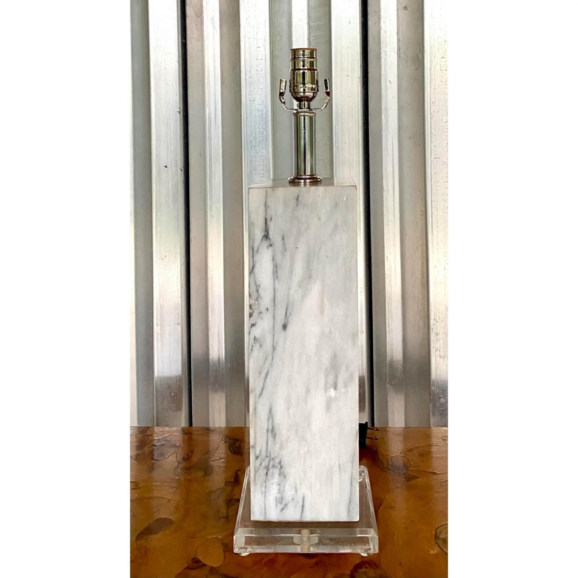 Fantastic vintage MCM marble block lamp. Chic and simple body on a lucite plinth. Completely rewired and restored with all new wiring and polished chrome hardware. Acquired from a Palm Beach estate