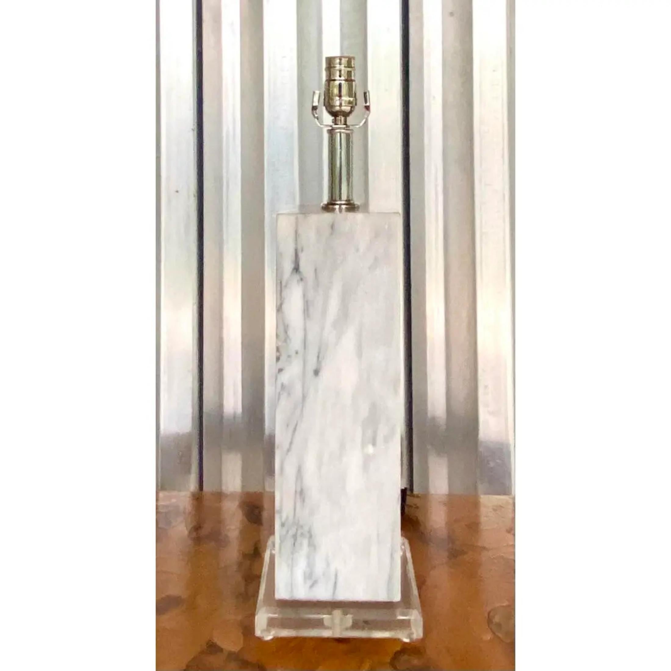 Chrome Vintage Mid-Century Modern Marble Block Lamp on Lucite Plinth For Sale