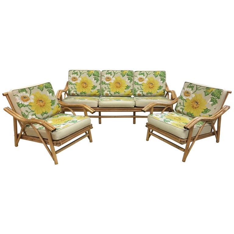 Vintage MidCentury Modern Matching Bamboo Sofa and Two Chairs at