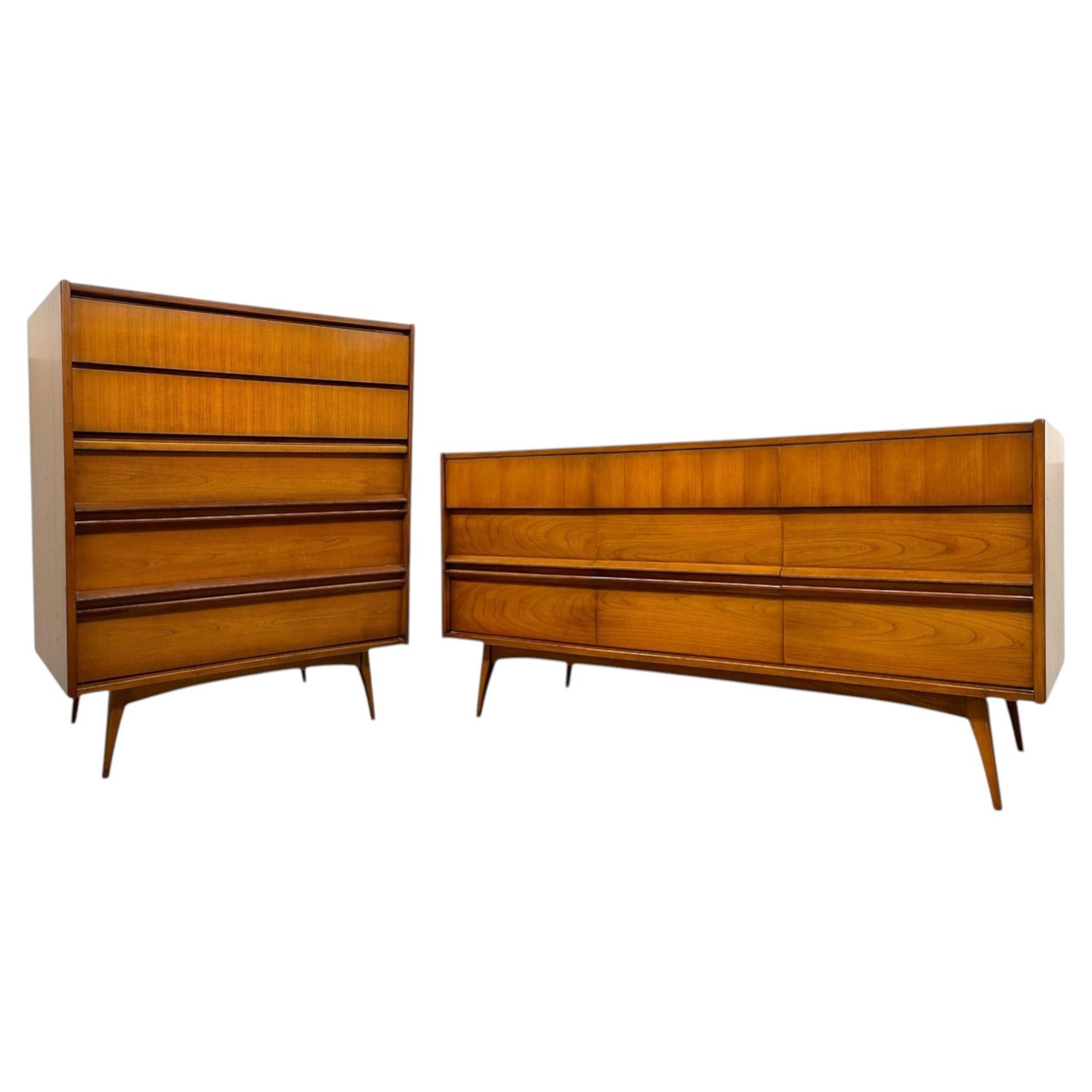 Vintage Mid-Century Modern Matching Dresser Set - 9-Drawer Low Dresser & Highboy