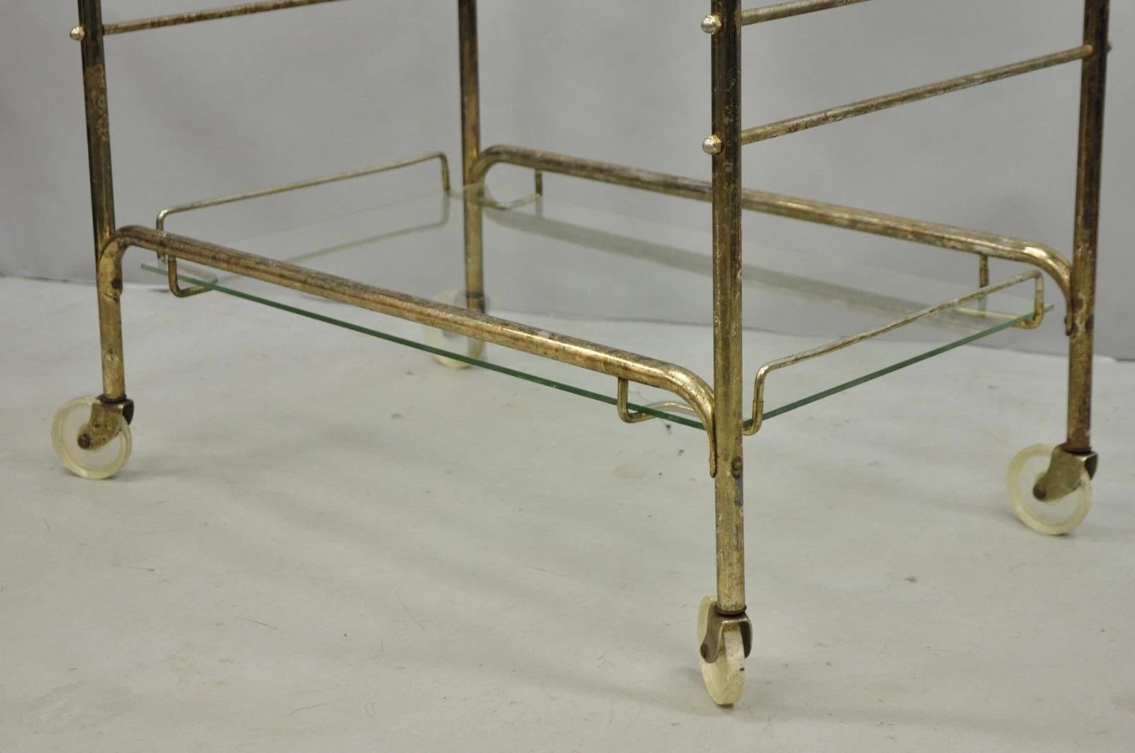 Inconnu Vintage Mid Century Modern Metal 2 Tier Glass Shelf Rolling Liquor Bar Cart en vente