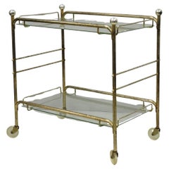 Vintage Mid Century Modern Metal 2 Tier Glass Shelf Rolling Liquor Bar Cart