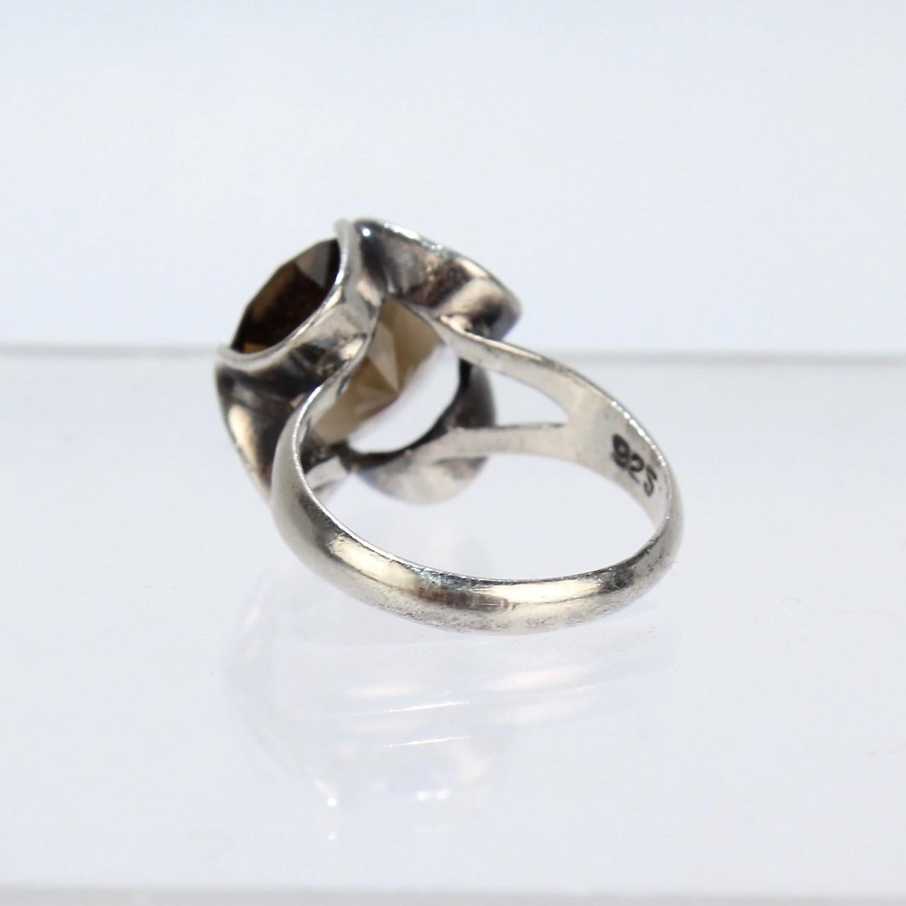 Round Cut Vintage Mid-Century Modern Sterling Silver and Smoky Quartz Cocktail Ring