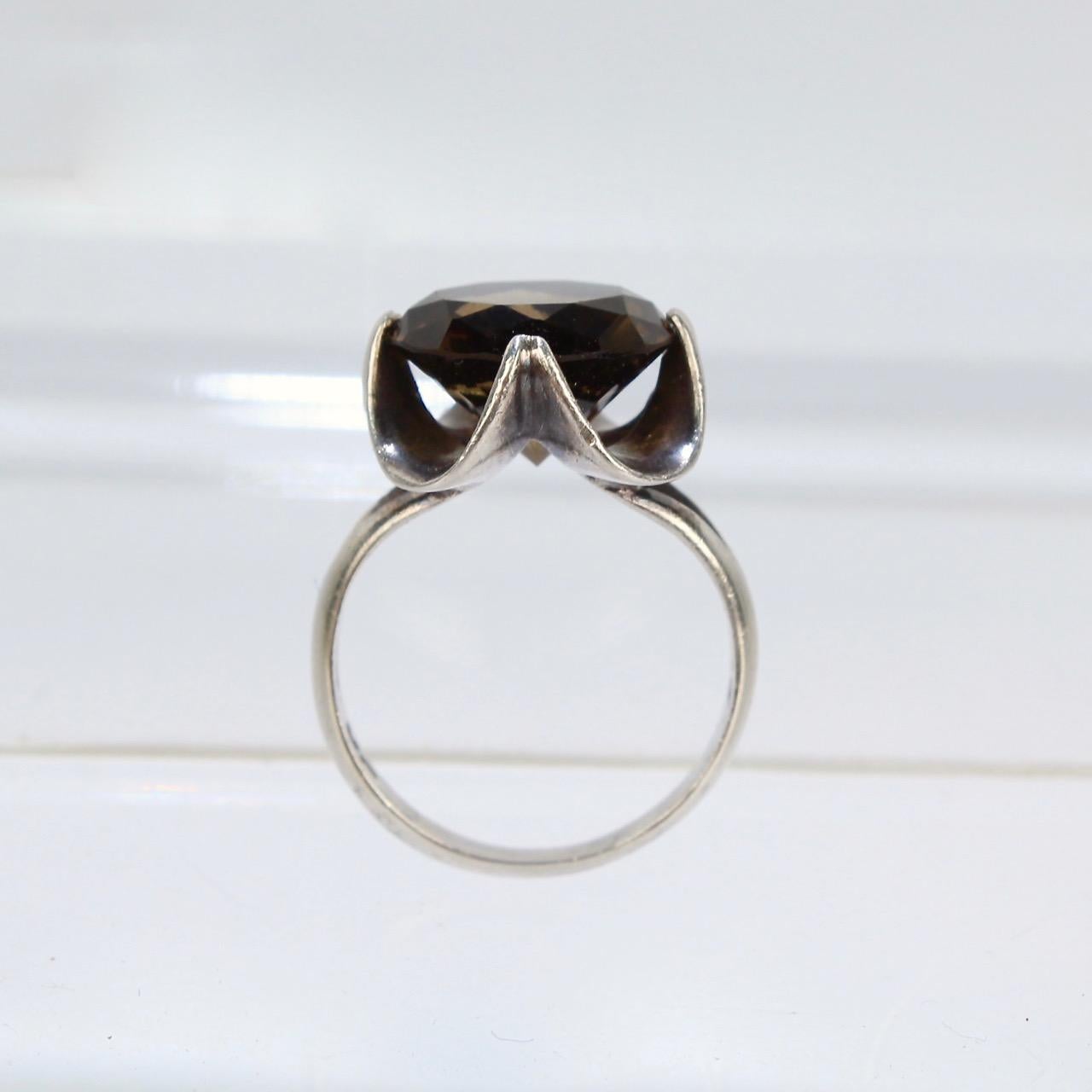 Vintage Mid-Century Modern Sterling Silver and Smoky Quartz Cocktail Ring In Good Condition In Philadelphia, PA