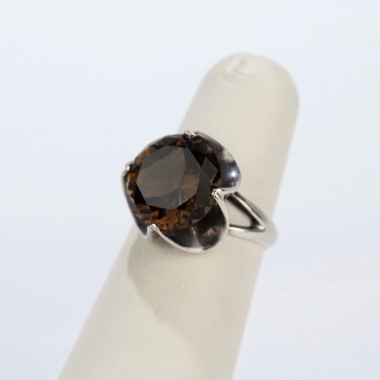 Women's Vintage Mid-Century Modern Sterling Silver and Smoky Quartz Cocktail Ring