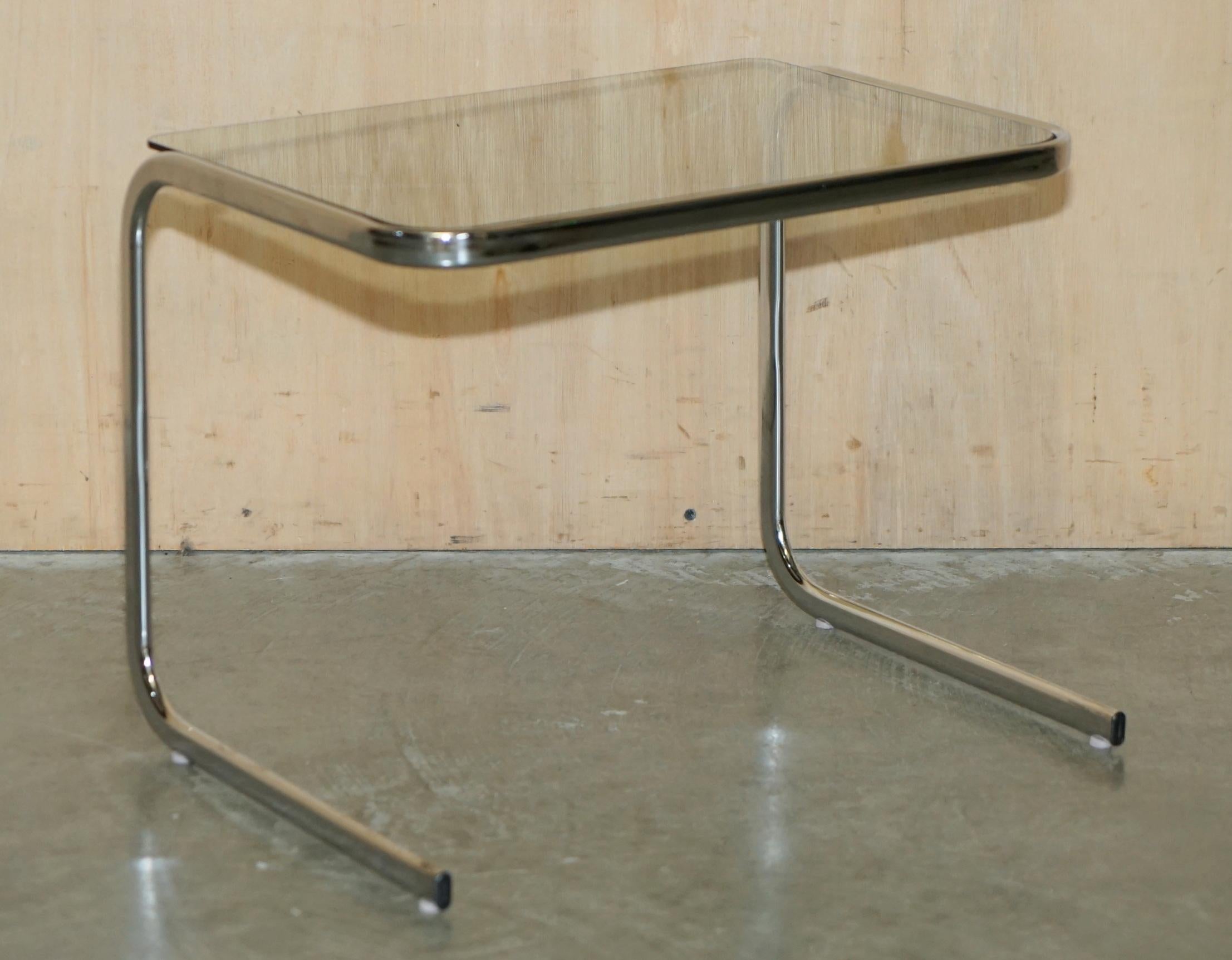 ViNTAGE MID CENTURY MODERN MILO BAUGHMAN CHROME & SMOKED GLASS NEST OF TABLES For Sale 7