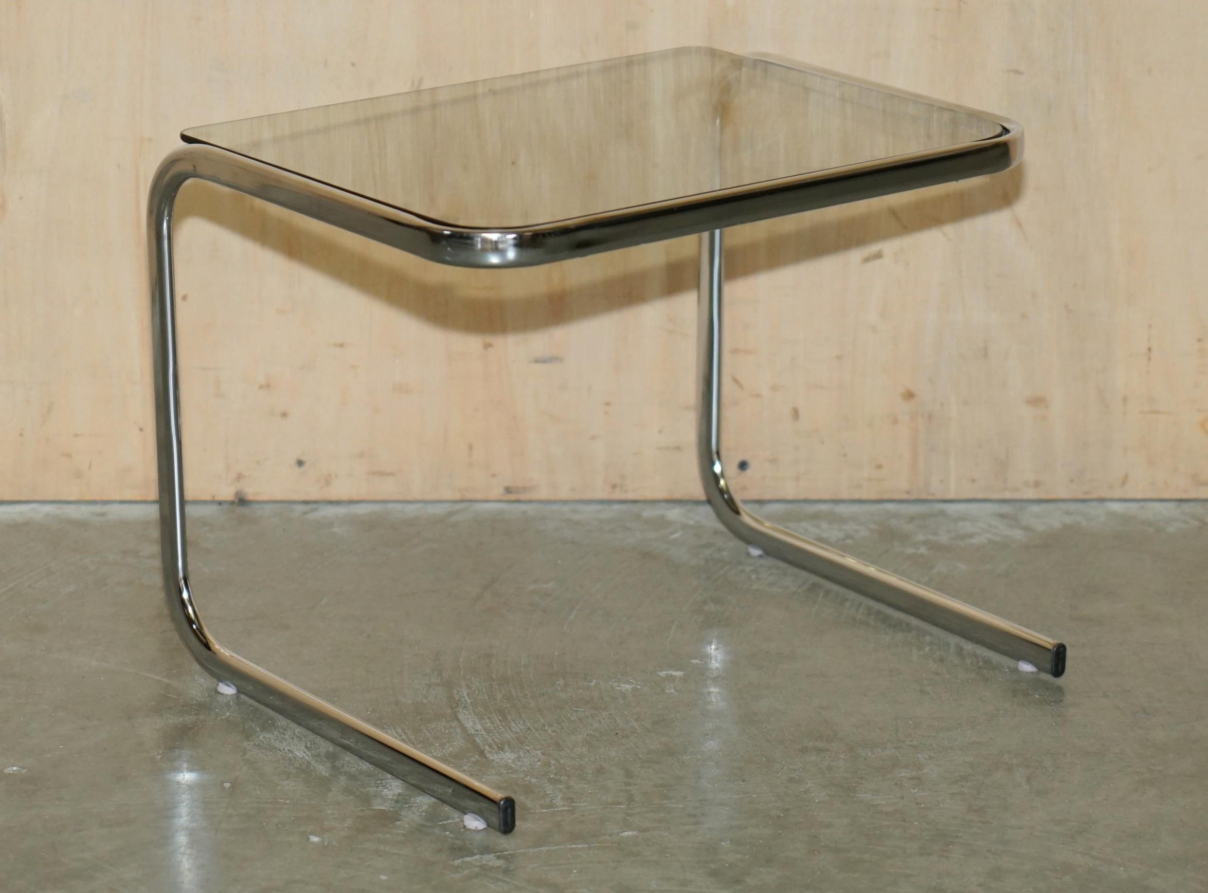 ViNTAGE MID CENTURY MODERN MILO BAUGHMAN CHROME & SMOKED GLASS NEST OF TABLES For Sale 11