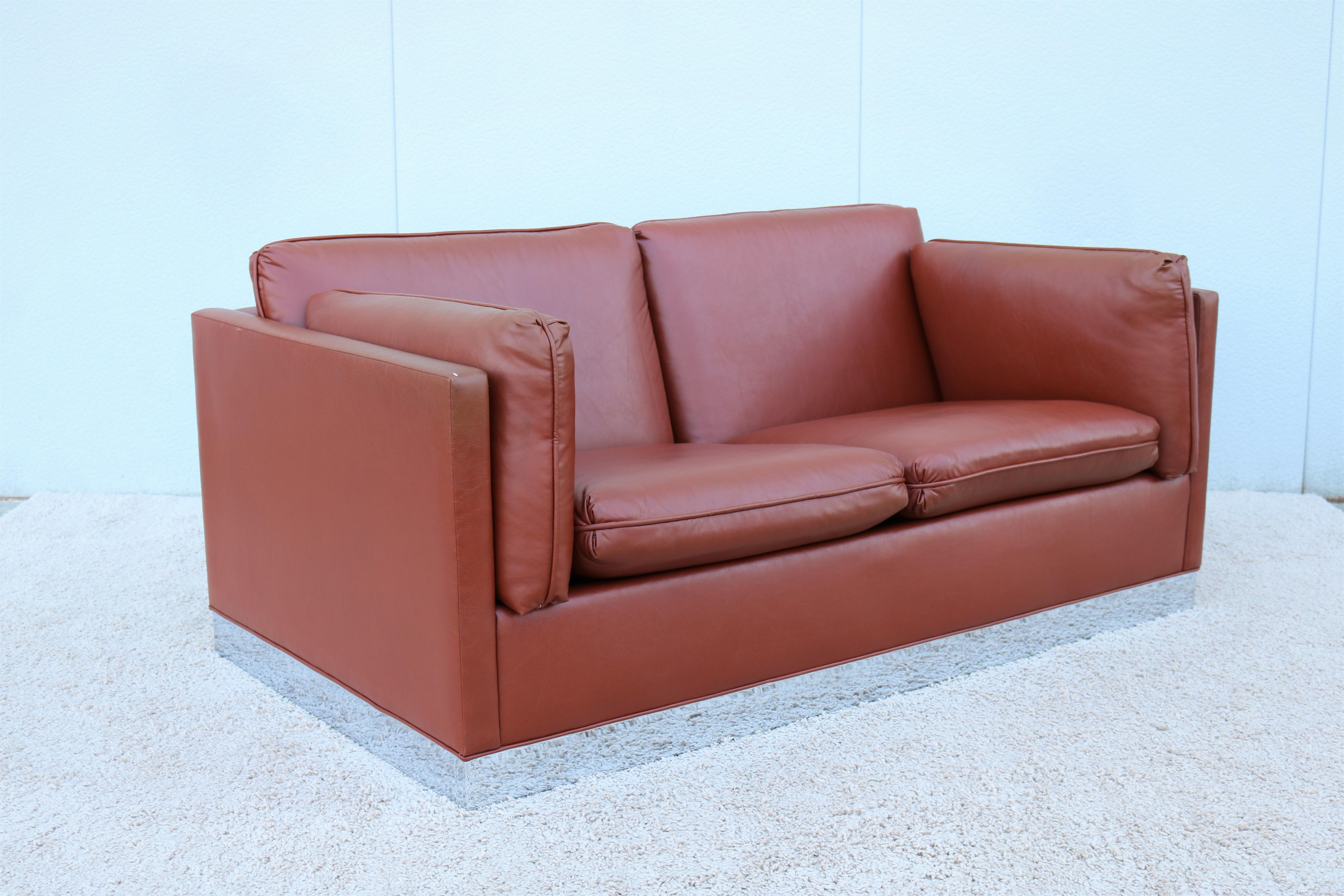 Polished Vintage Mid-Century Modern Milo Baughman Style Brown Pu Leather Two-Seat Settee For Sale