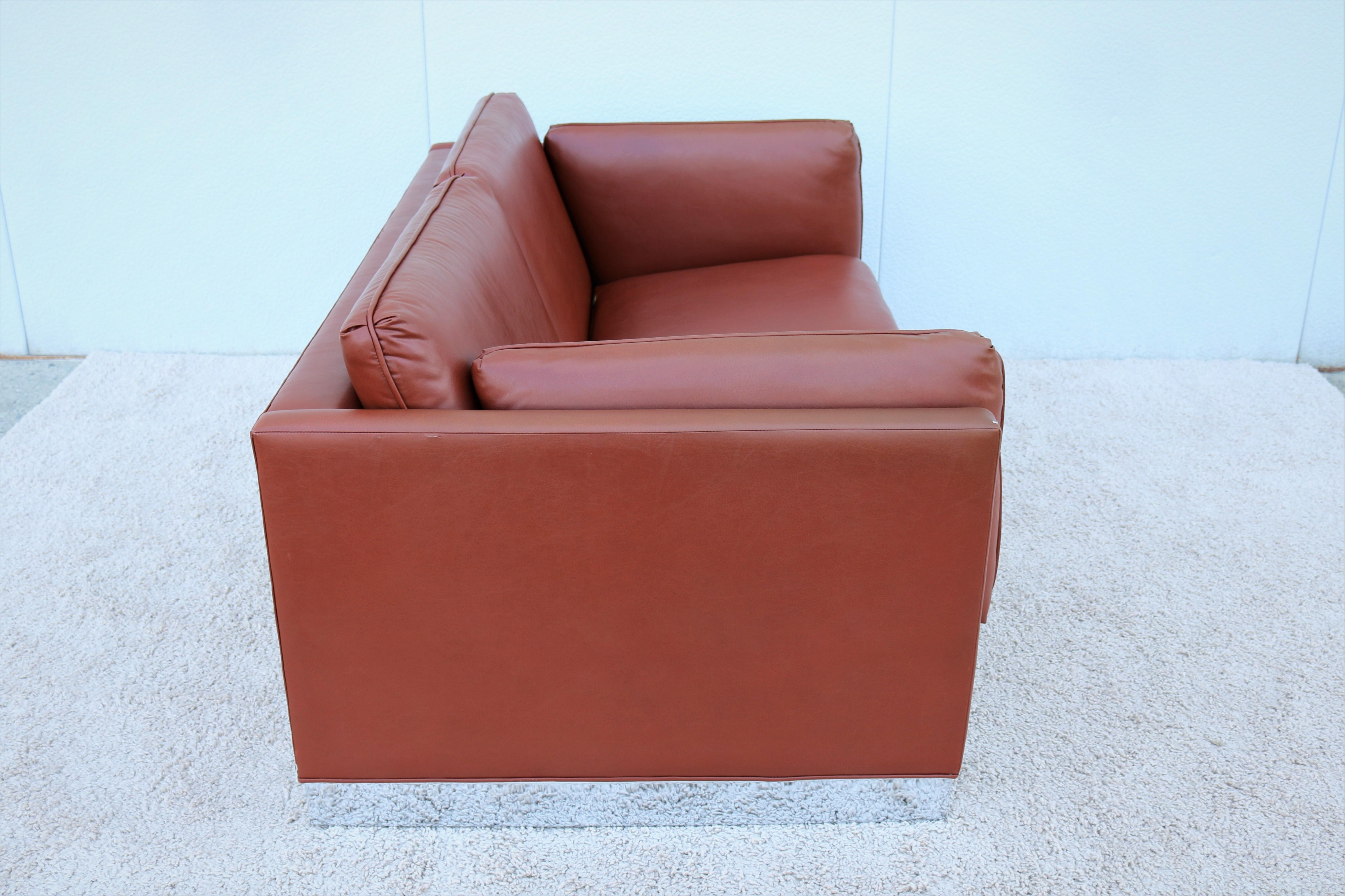 Steel Vintage Mid-Century Modern Milo Baughman Style Brown Pu Leather Two-Seat Settee For Sale