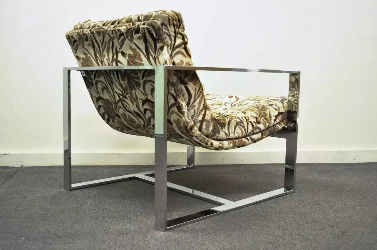 Mid-Century Modern Fauteuil de bar plat chromé de style Milo Baughman, mi-siècle moderne en vente
