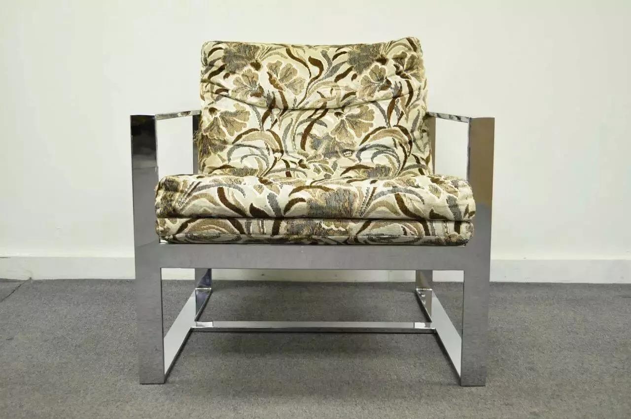 Inconnu Fauteuil de bar plat chromé de style Milo Baughman, mi-siècle moderne en vente