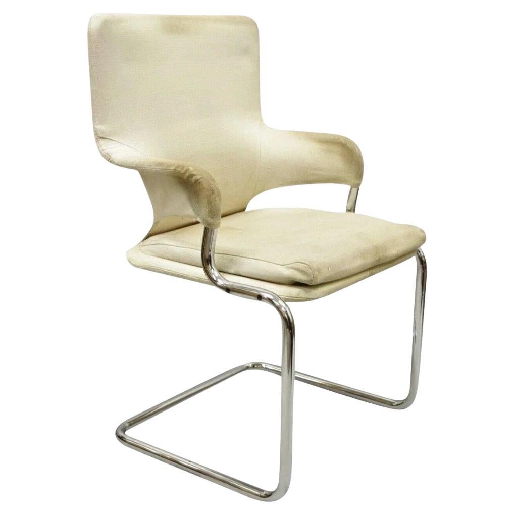 Vintage Mid Century Modern Milo Baughman Style Tubular Chrome Fabric Arm Chair