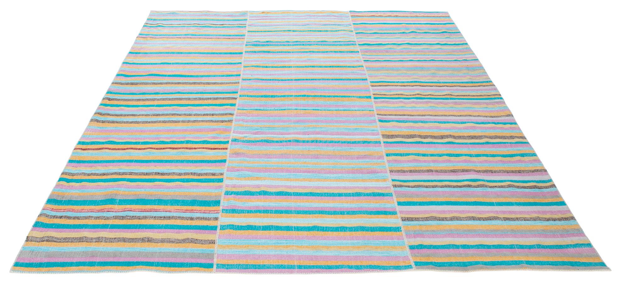 Hand-Woven Vintage Mid-Century Modern Minimalist Colorful Striped Flatweave Rug For Sale