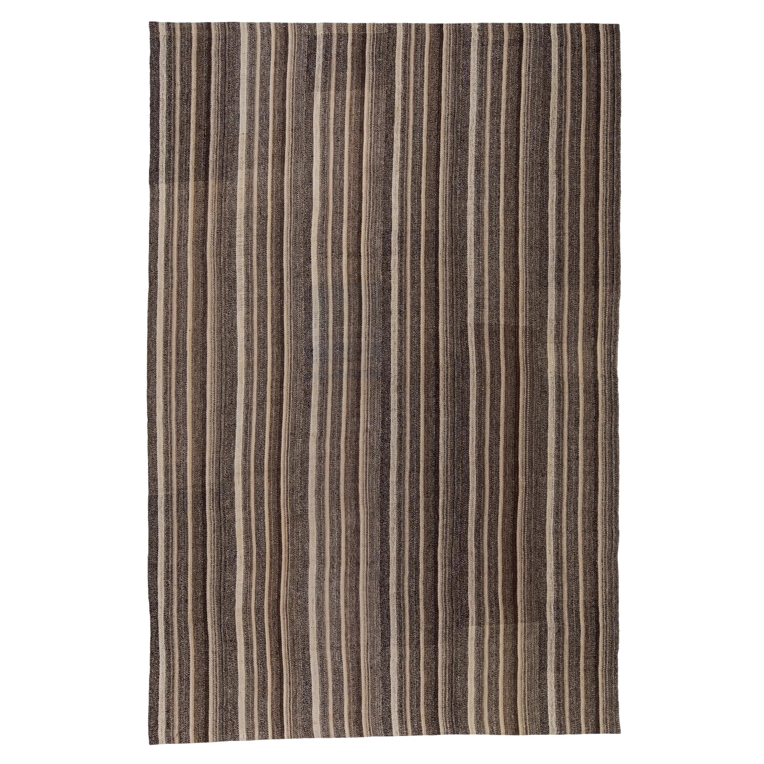 Vintage Mid-Century Modern Minimalist Persian Flatweave Stripe Rug