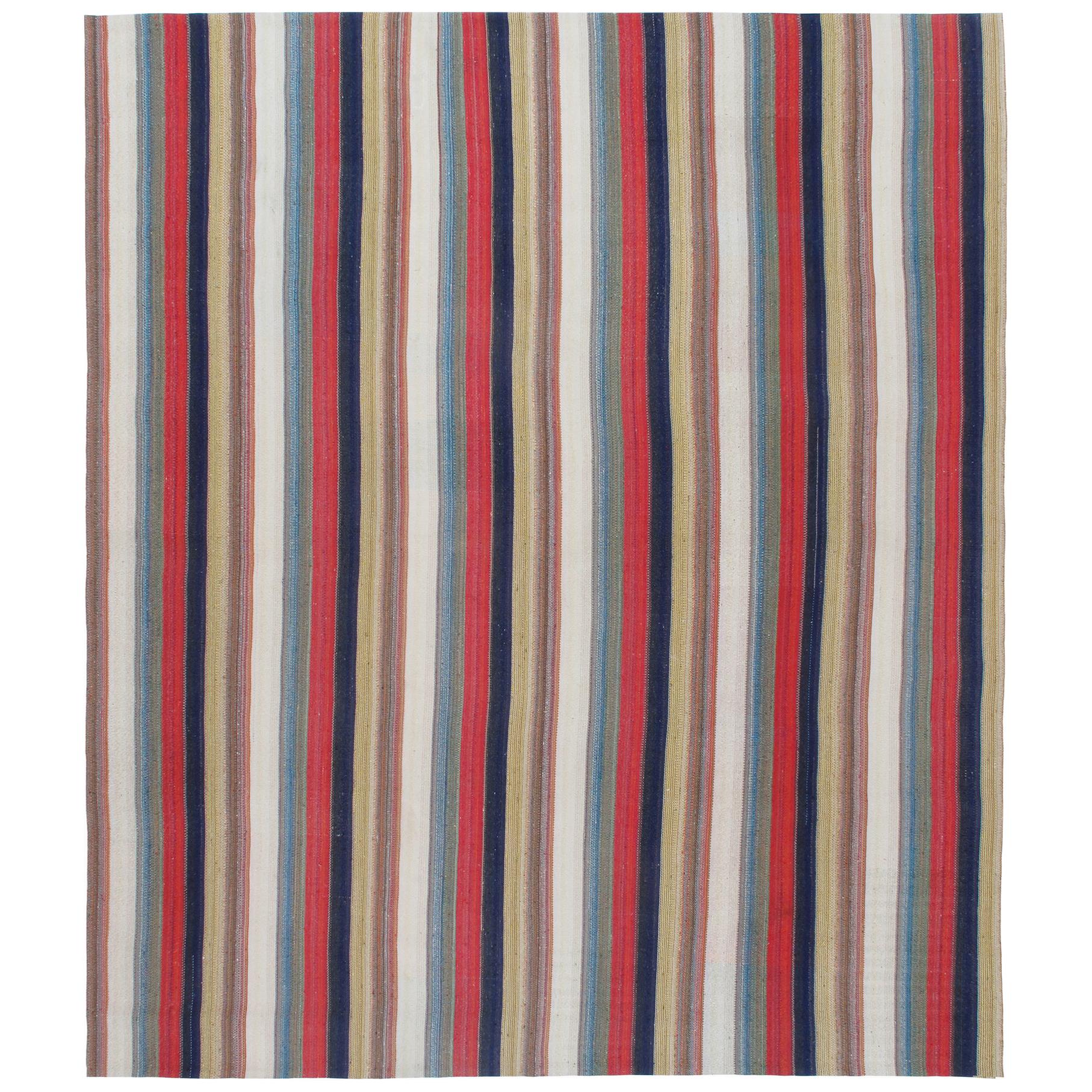 Vintage Mid-Century Modern Minimalist Persian Stripe Flat-Weave Rug For Sale