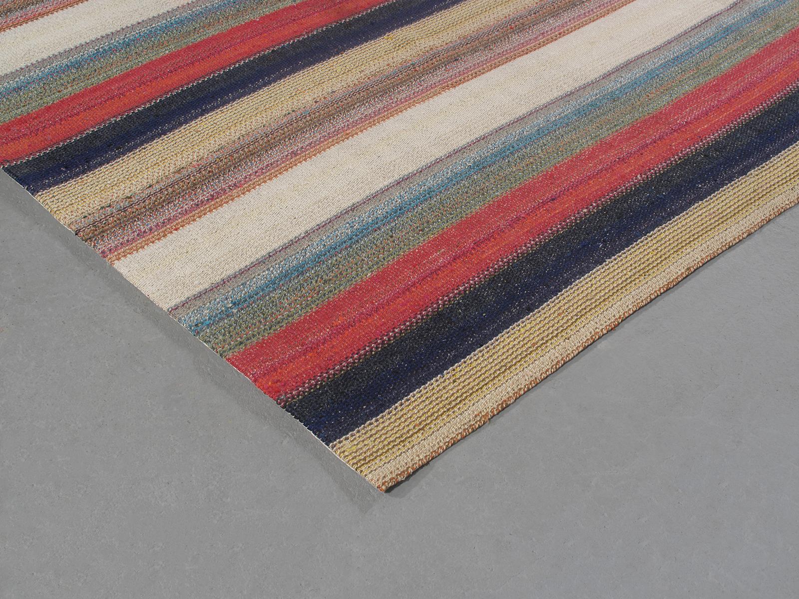 Vintage Mid-Century Modern Minimalist Persian Stripe Flat-Weave Rug In Excellent Condition For Sale In New York, NY
