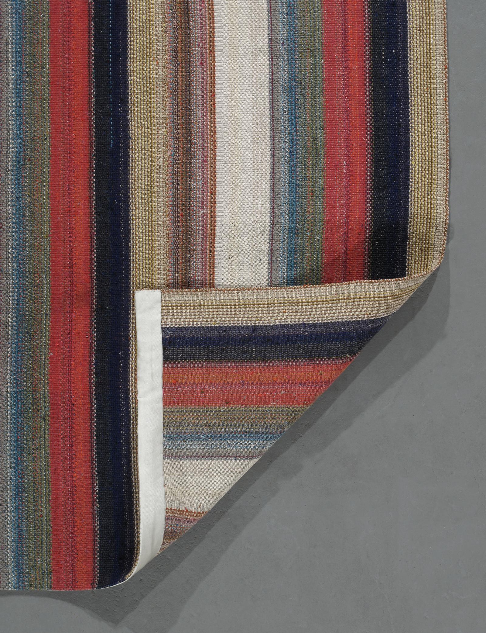 Mid-20th Century Vintage Mid-Century Modern Minimalist Persian Stripe Flat-Weave Rug For Sale