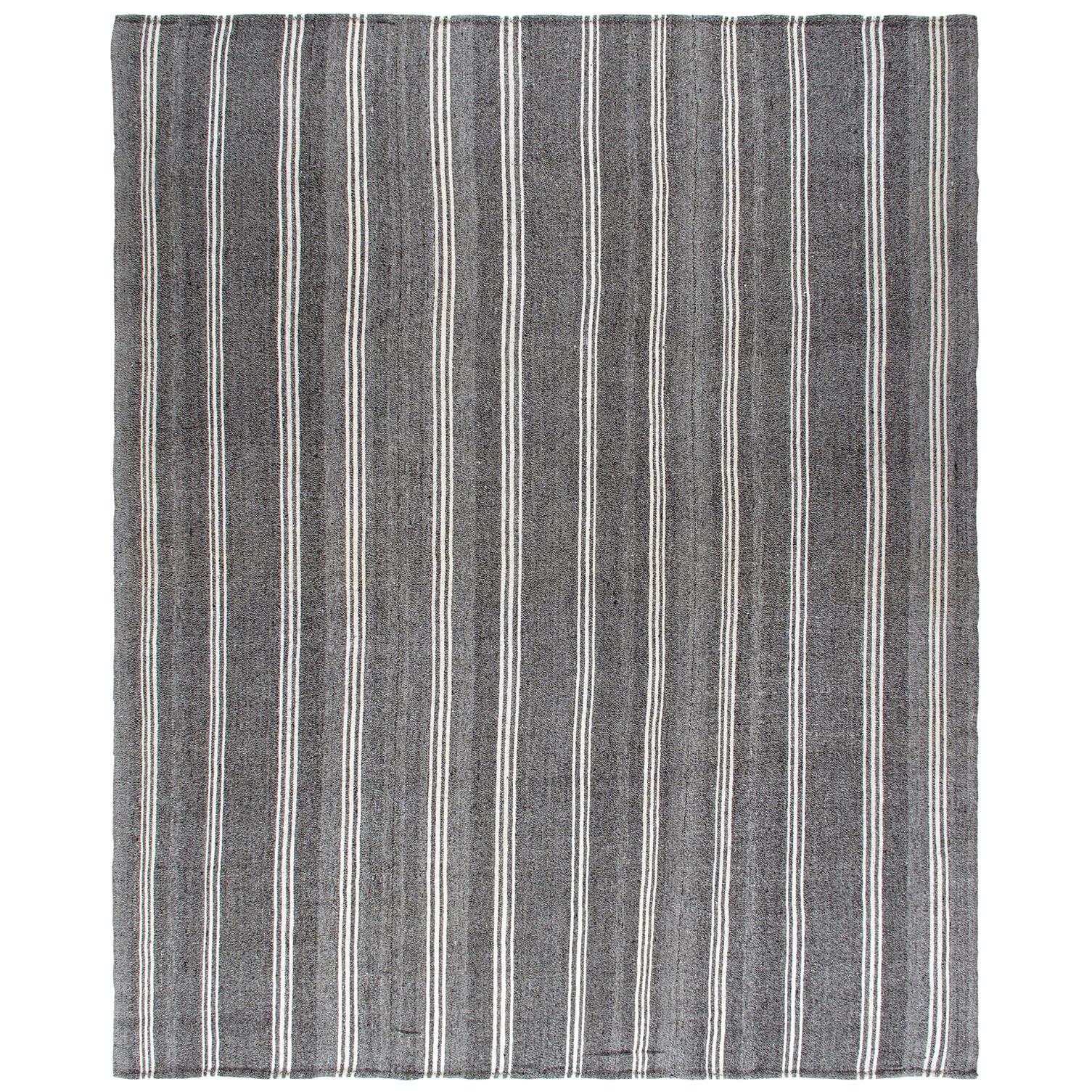 Vintage Mid-Century Modern Minimalist Stripe Flat-Weave Rug