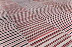 Vintage Mid-Century Modern Minimalist Stripe Flatweave Wool Rug in Beige and Red