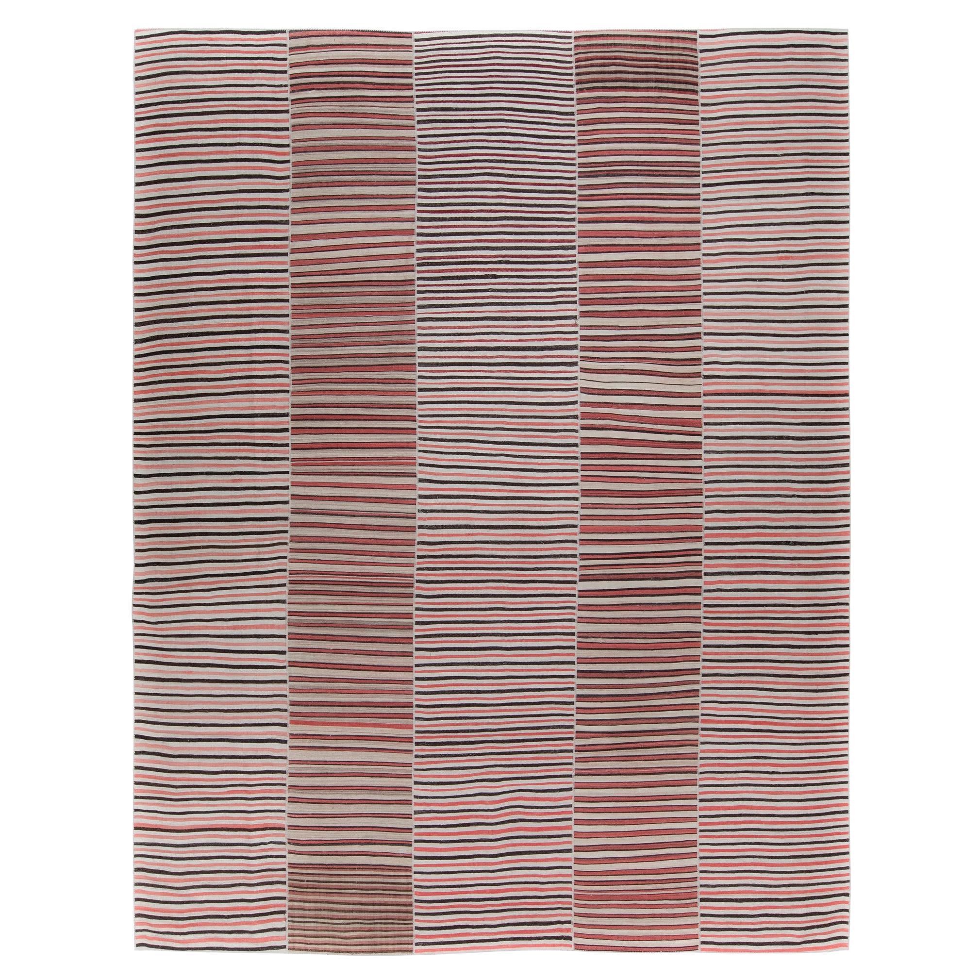 Vintage Mid-Century Modern Minimalist Stripe Flatweave Wool Rug in Beige and Red For Sale