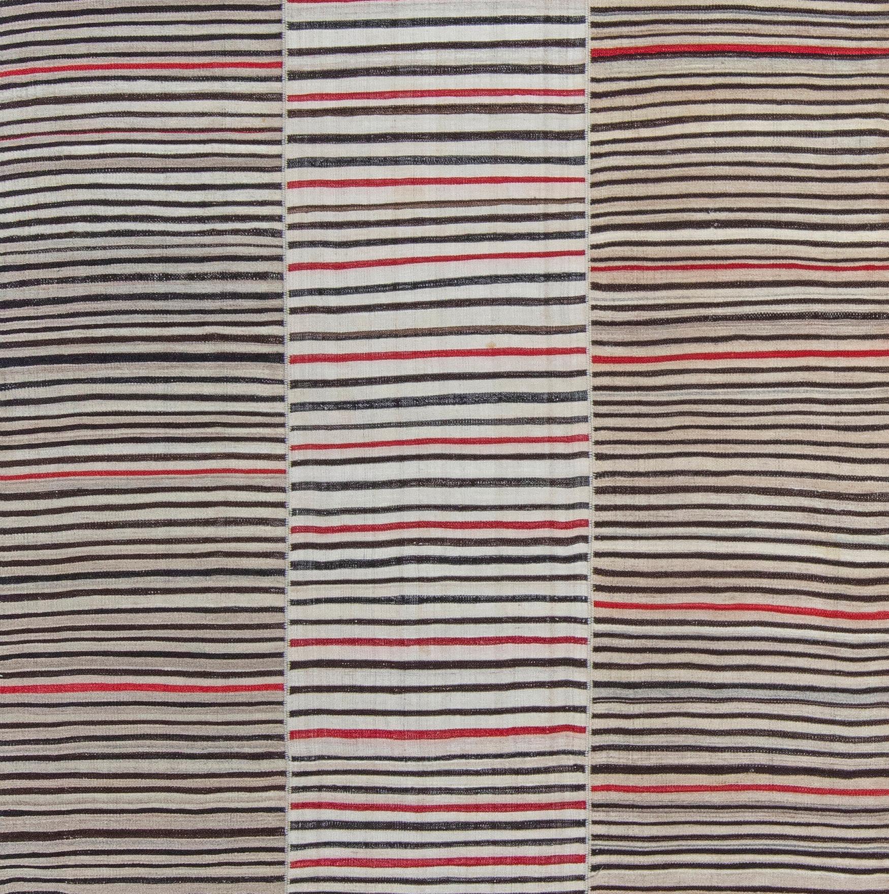 Persian Vintage Mid-Century Modern Minimalist Stripe Mazandaran Flatweave Rug For Sale