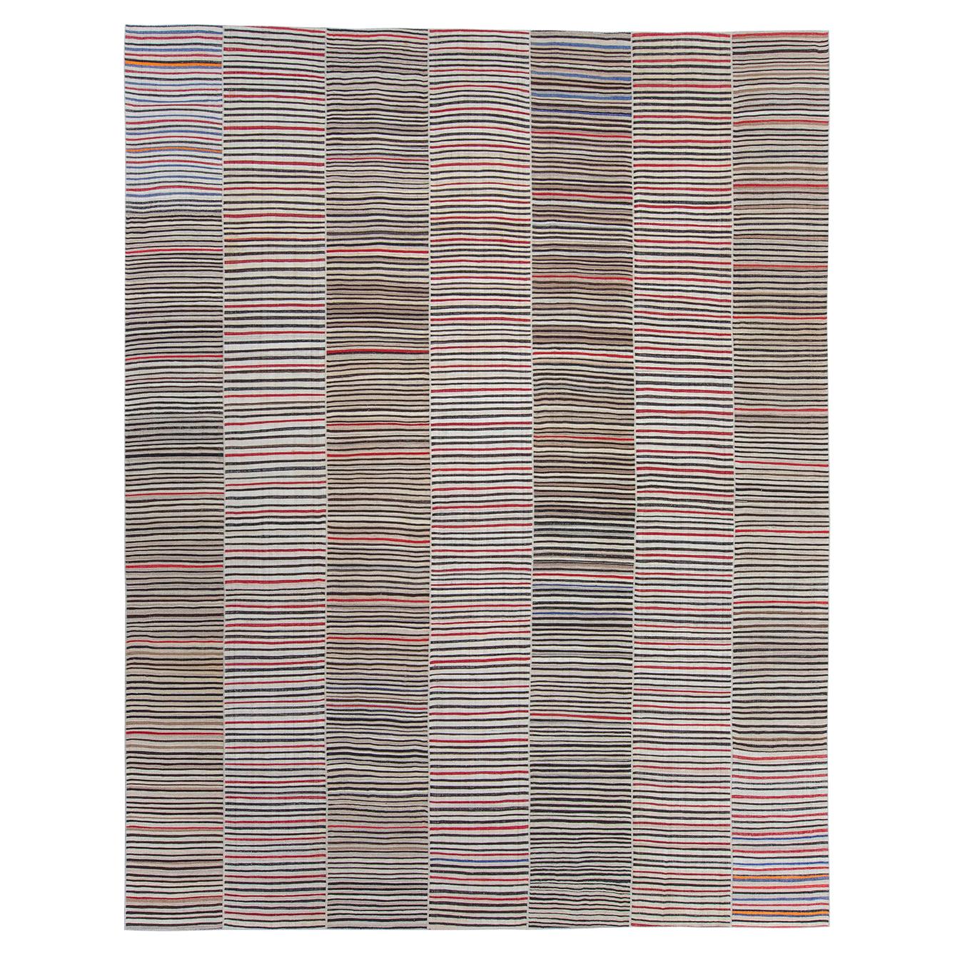 Vintage Mid-Century Modern Minimalist Stripe Mazandaran Flatweave Rug