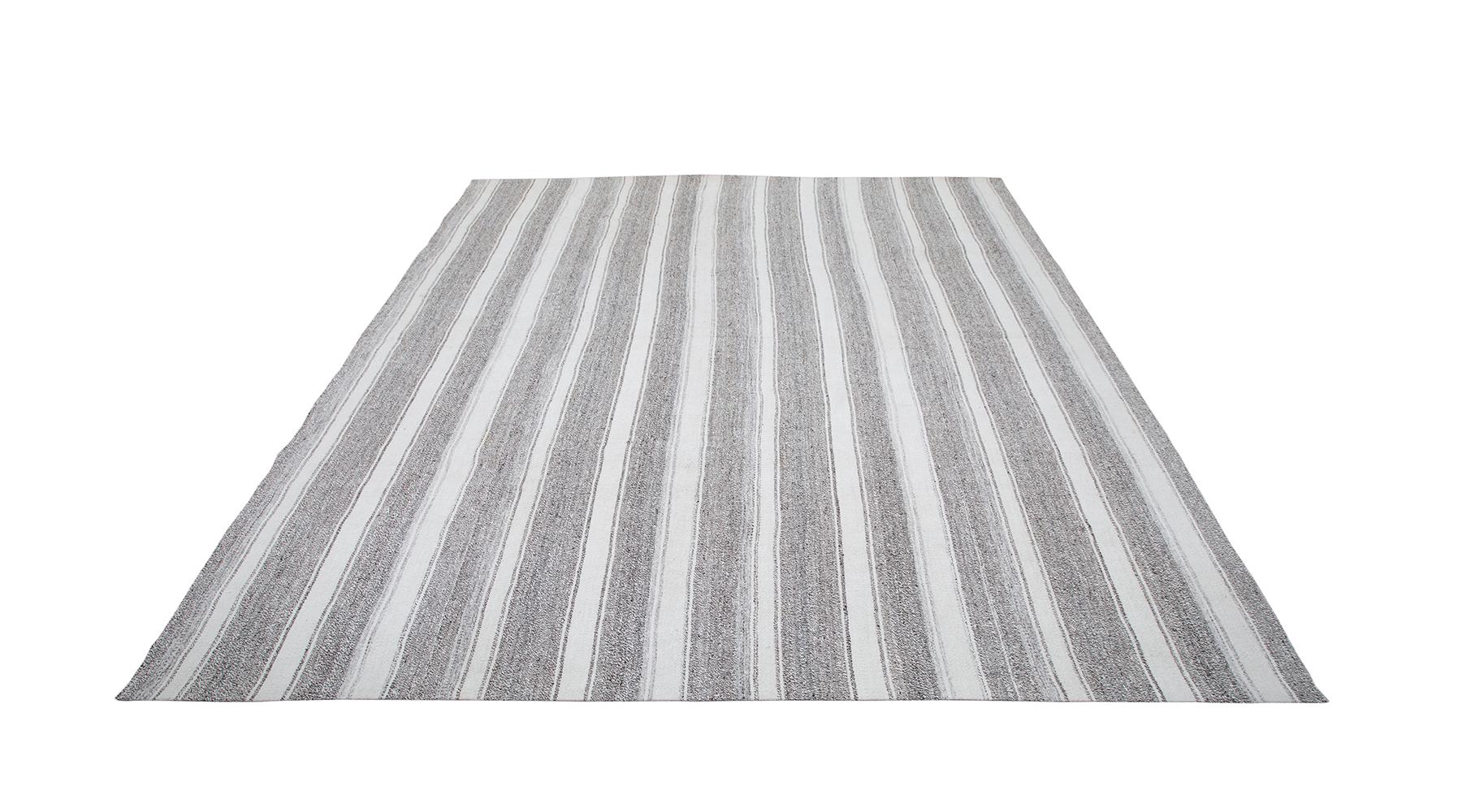 Hand-Woven Vintage Mid-Century Modern Minimalist Striped Flatweave Rug For Sale