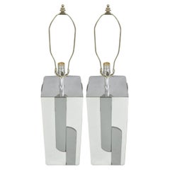 Vintage Mid Century Modern Mirror Skyscraper Cubist Table Lamps - a Pair