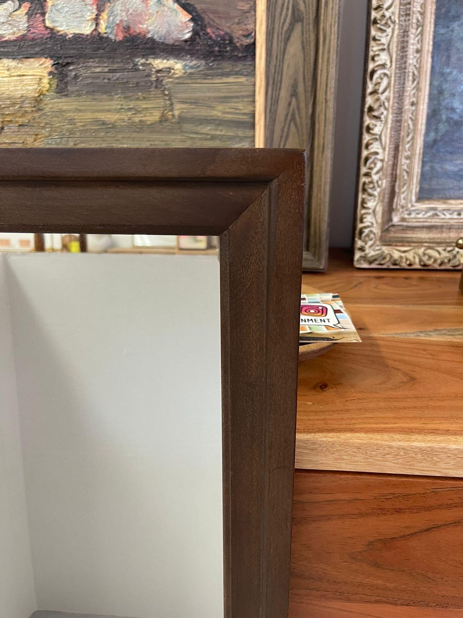 Glass Vintage Mid Century Modern Mirror With Walnut Tone Framing. For Sale