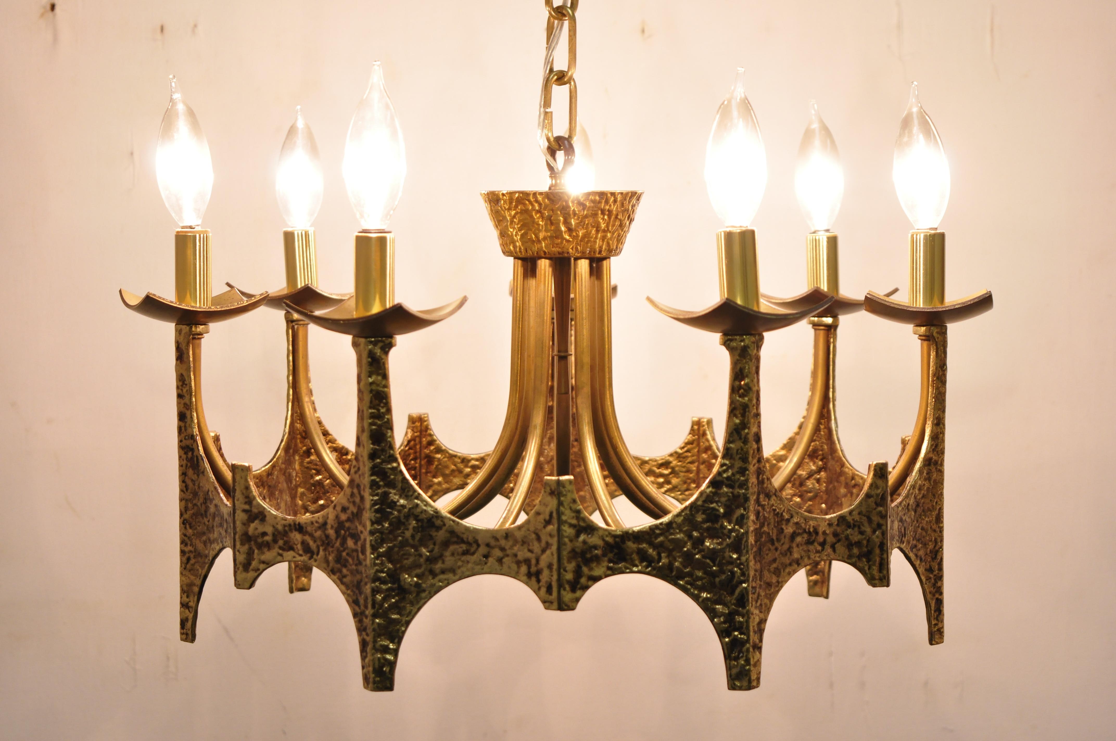 Vintage Mid-Century Modern Mo Bridges Brutalist Hammered Brass Chandelier 6