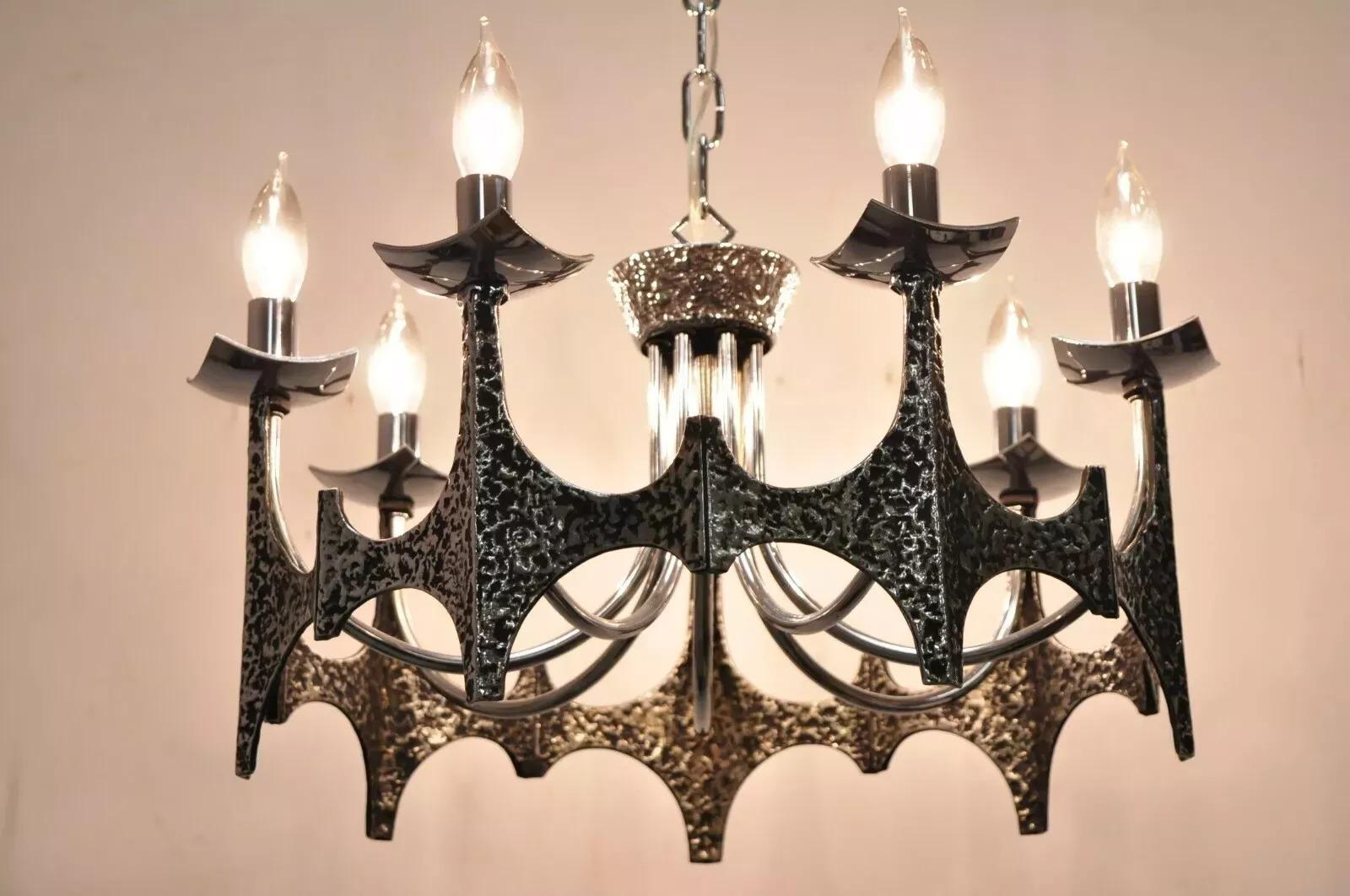 Vintage Mid Century Modern Mo Bridges Brutalist Hammered Chrome Chandelier For Sale 4