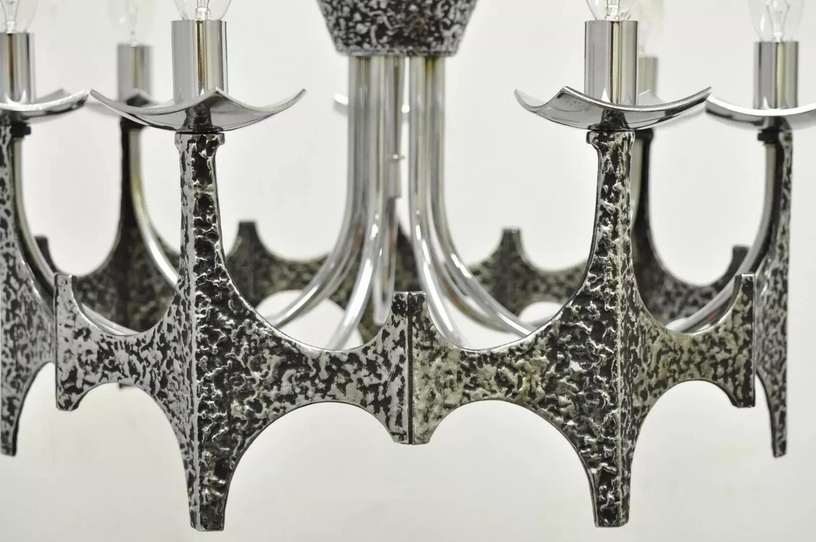 Unknown Vintage Mid Century Modern Mo Bridges Brutalist Hammered Chrome Chandelier For Sale