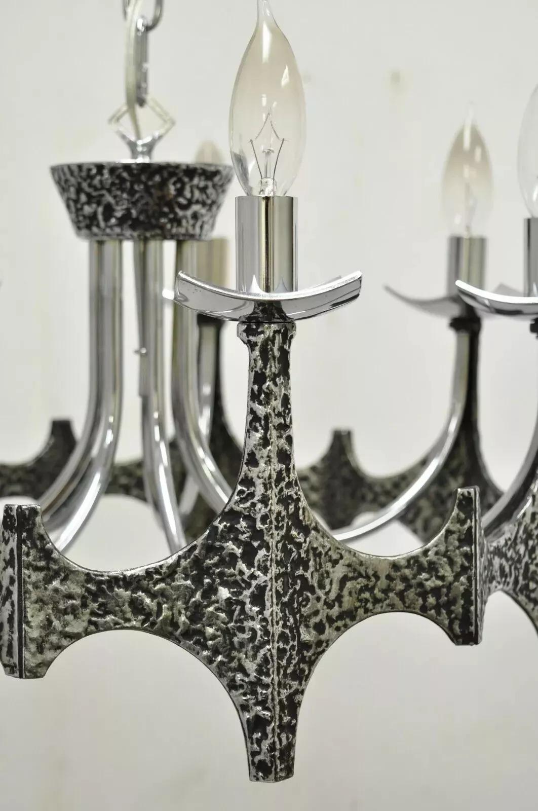 Vintage Mid Century Modern Mo Bridges Brutalist Hammered Chrome Chandelier In Good Condition For Sale In Philadelphia, PA